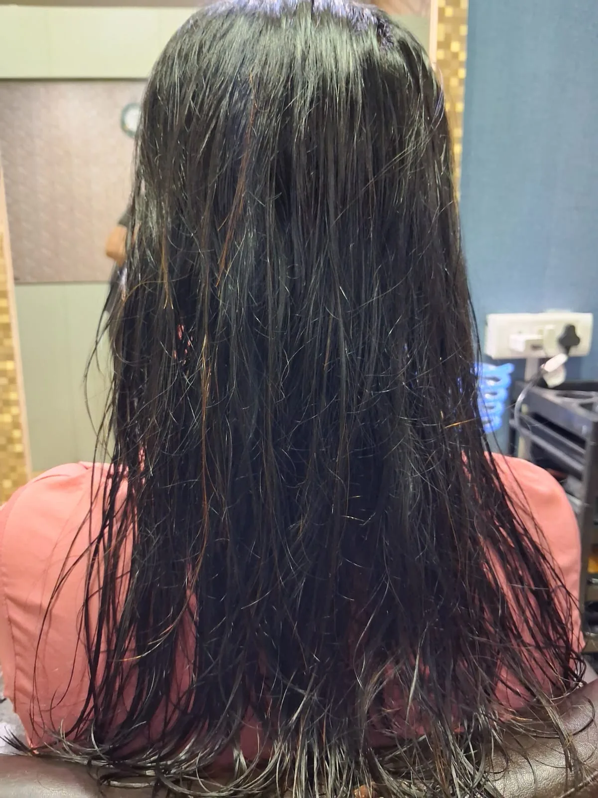 Long wet hair before the finishing stage of a hair-care session at Studio Salvador in Salt Lake